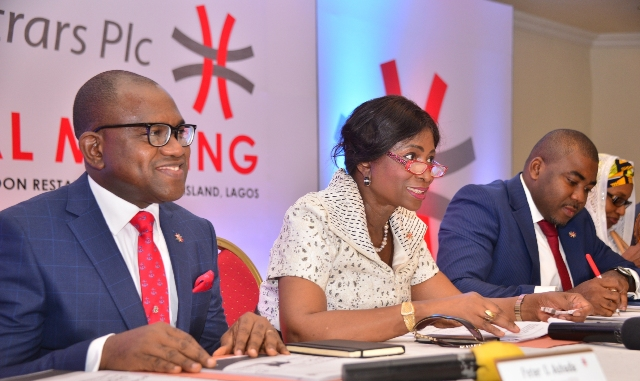 l-r: Managing Director/CEO, Africa Prudential Registrars Plc, Mr. Peter Ashade; Chairman, Chief(Mrs) Eniola Fadayomi; and Company Secretary, Mr Musa Bello, at the 3rd Annual General Meeting of the company held in Lagos on Tuesday