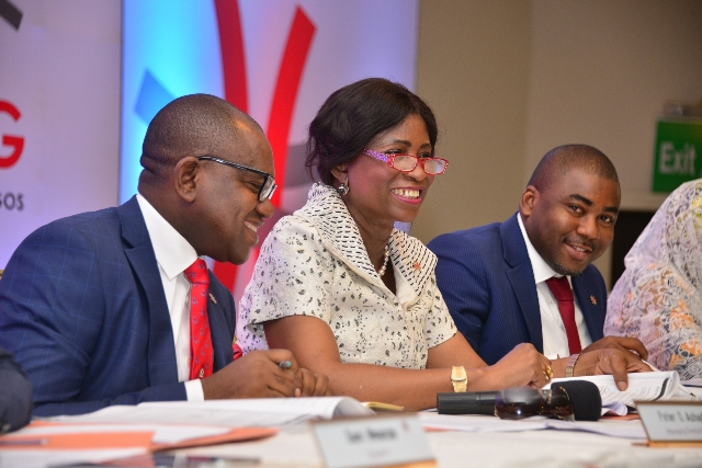 l-r: Managing Director/CEO, Africa Prudential Registrars Plc, Mr. Peter Ashade; Chairman, Chief(Mrs) Eniola Fadayomi; and Company Secretary, Mr Musa Bello, at the 3rd Annual General Meeting of the company held in Lagos on Tuesday