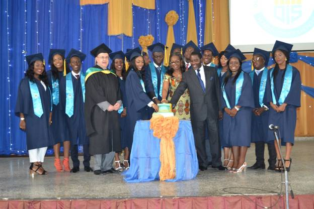 The Principal, Olashore International School, Mr Derek Smith; The Guest Speaker and Founder & CEO, The Chair Centre Group, Mrs Ibukun Awosika;  The Chairman Board of Governors, Prince Abimbola Olashore, and selected graduands cutting the ceremony cake at the Valedictory Service of the Year 12 students, recently at Illoko-Ijesha, Osun State