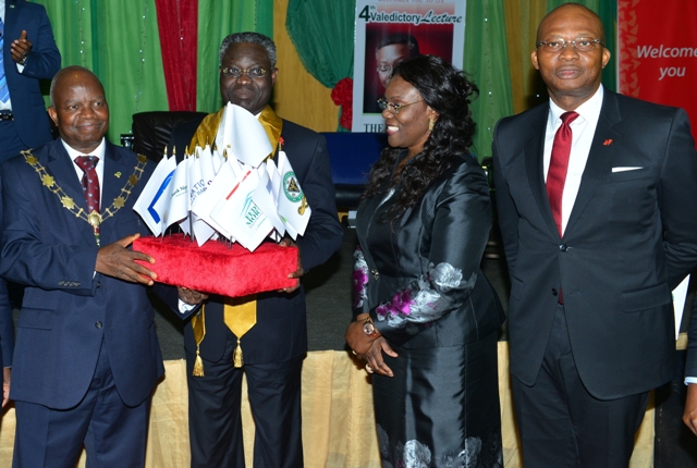 President, Chartered Institute of Bankers of Nigeria(CIBN), Professor Segun Ajibola ; Outgoing GMD/CEO, UBA Plc and Valedictory Lecture Speaker, Mr. Phillips Oduoza, wife Jumai  and  Group Managing Director Designate, UBA Plc at the 4th Valedictory Lecture in honour of Oduoza, organised by CIBN in Lagos on Friday
