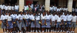 Principal, Olivet Baptist High School, Oyo, Mrs A.I Ogunmola; Executive Director, Lagos and West Bank, United Bank for Africa, Mr. Liadi Ayoku; Vice Principal, Academic, Mr. E.A Adedeji,  and Vice Principal, Admin, Mr. O.L,  Sulola,  flanked by the students of the Olivet Baptist High School , Oyo,  during the financial literacy training programme for students of the school, an  initiative of Central Bank of Nigeria, in commemoration of World Savings Day on Monday in Oyo, Oyo State  