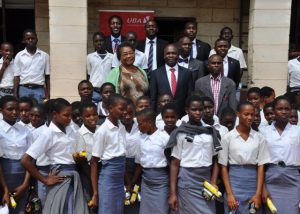 Executive Director, Lagos and West Bank, United Bank for Africa, Mr. Liadi Ayoku;  Principal, Olivet Baptist High School, Oyo, Mrs A.I Ogunmola;  Vice Principal, Academic, Mr. E.A Adedeji,  and Vice Principal, Admin, Mr. O.L,  Sulola,  flanked by the students of Olivet Baptist High School, during the financial literacy training programme for students of the school, an  initiative of Central Bank of Nigeria, in commemoration of World Savings Day on Monday in Oyo, Oyo State  