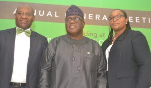 L-R: MD/CEO of Heritage Bank, Ifie Sekibo; Chairman, Akinsola Akinfemiwa and the bank’s Company Secretary, Olutomi Ojo at Heritage Bank’s 1st AGM, Lagos, on Tuesday.