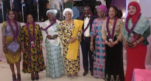 Pastor Omowumi Popoola, 1st Female SAN, Chief Folake Solanke; 1st Female Speaker of Oyo State House of Assembly, Senator Monsurat Sunmonu; 1st Lady of Zamfara, Hajiya Asma’u Abdul’aziz Yari Abubakar; representative of the MD/CEO of Heritage Bank Plc, Niyi Adeseun, Executive Director, Service Bank; Mrs. Abimbola Fashola, Wife of Minister of Power, Works and Housing, Chief Onikepo Akande, President of LCCI and Miss Oluwotoyi Abdukadir, all awardees at the 5th Oyo State Officials` Wives Association (OYSOWA) National Women`s Summit 2016 held in Oyo State.