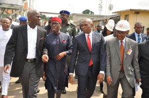 Left to right: Honourable Minister of Power, Works & Housing, Mr Babatunde Fashola (SAN), Executive Governor of Delta State, Dr Ifeanyi Okowa, Chairman Transcorp Power Limited and Transcorp Plc. Tony O. Elumelu and President/CEO Transcorp Plc. Emmanuel Nnorom. 