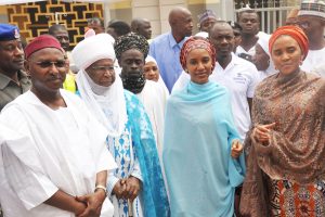 L-R,Kano State Deputy Governor, Prof. Hafees Abubakar, Sarkin Yaki Kano,Alhaji Wada Aliyu, Represent of Emir of Kano,  Executive Director , Strategy Analyst,Corporate Strategy,  Dangote  Industries Ltd,Mariya Dangote, Executive Director, NASCON Allied Industries Plc, Fatima Dangote,  Commissioning and Handover Ceremony of Dangote Foundation'sQuick Intervetion at the Murtala Mohammed Specialist Hospital Kano, on 25th February 2017.