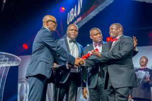 CEO, UBA Francophone Africa, Mr. Emeke Iweriebor; Executive Director, Lagos and West, Mr Ayo Liadi ; CEO, UBA Anglophone Africa, Mr. Oliver Alawuba; Award Winner and MD/CEO, UBA Tanzania, Mr. Peter Makau, at the Annual  UBA CEO Awards which was held in Lagos at the weekend  