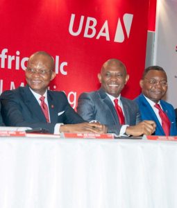 l-r: Group Managing Director/CEO, UBA Plc, Mr. Kennedy Uzoka; Group Chairman, Mr. Tony O. Elumelu;  and Deputy Managing Director, Mr. Victor Osadolor at the 55th Annual General Meeting of UBA Plc, held in Lagos on Friday