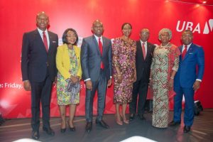 Group Managing Director/CEO, UBA Plc, Mr. Kennedy Uzoka; Director, Mrs Rose Okwechime; Group Chairman, Mr. Tony O. Elumelu; Directors, Mrs Onari Duke; Ambassador Joe Keshi; and   Deputy Managing Director, Mr. Victor Osadolor, at the 55th Annual General Meeting of UBA Plc, held in Lagos on Friday.