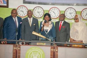 L-R: Mr. Peter Elumelu, Non-Executive Director, Africa Prudential Plc; Mr. Oscar Onyema, CEO, Nigerian Stock Exchange; Chief (Mrs.) Eniola Fadayomi, Chairman, Africa Prudential Plc; Mr. Peter Ashade, Managing Director/CEO; and Ammuna Lawan Ali, Non-Executive Director (Independent), Africa Prudential Plc, at the Closing Gong Ceremony held at Exchange floor in Lagos, recently.