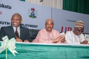 l-r: Guest Speaker and Chairman, United Bank for Africa (UBA) Plc, Heirs Holdings & Founder, Tony Elumelu Foundation, Tony O. Elumelu; Secretary to the State Government, Sokoto State, Professor Bashir Garba; and Vice Chancellor, Usmanu Danfodiyo University, Sokoto, Professor Abdullahi Abdu Zuru during the National Dialogue Series where Elumelu  spoke on “Entrepreneurship: An Antidote to Nigerian Youth Unemployment”, at the university in Sokoto on Saturday