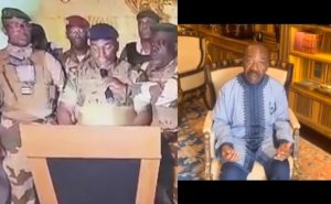 Gabonese coup plotters and President Bongo 